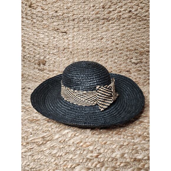 Women's Aztec Black Brown Bow Band Straw Beach Sun Panama Church Hat - Picture 3 of 7